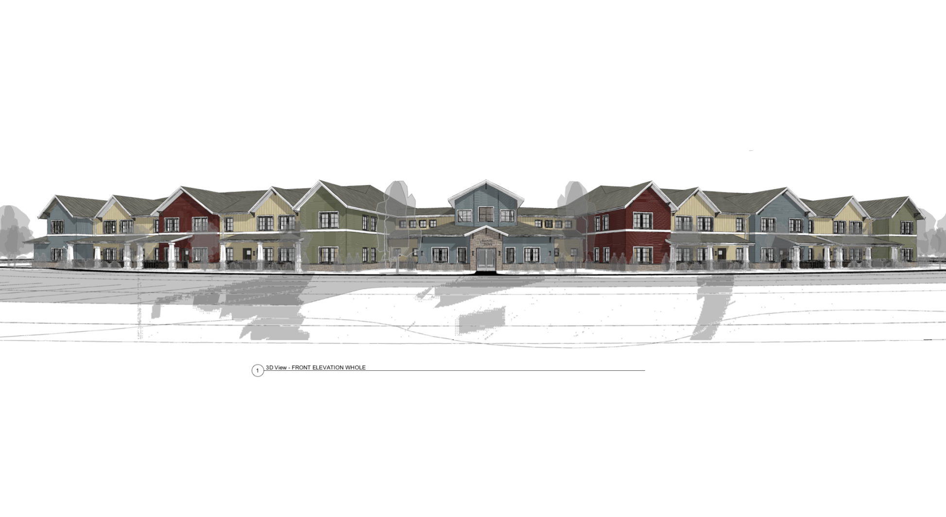 The front view of the Crescent Way community building, a 40-unit apartment building.